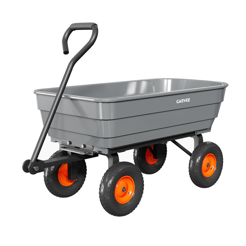 Garvee Garden Dump Cart 600 lb Capacity, 10" All-Terrain Wheel Utility Wagon with Steel Frame, Poly Bed, Quick-Release Dump & 180° Handle, Gray/Orange