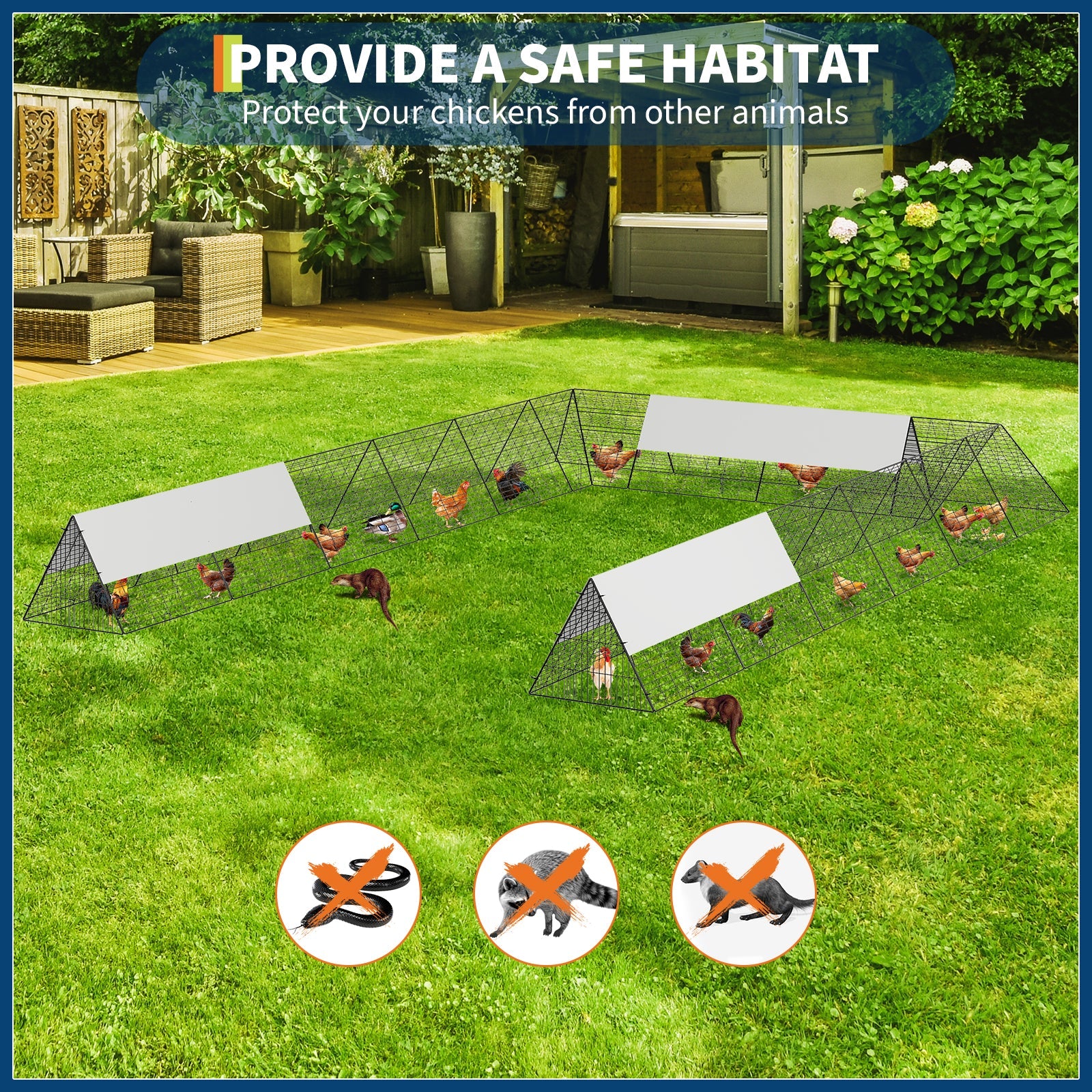 Garvee Metal Chicken Tunnel Run with Corner Frames - Large 236" x 157" Modular Outdoor Poultry Enclosure with 3 Weather-Resistant Covers & Ground Staples for Hens, Ducks & Rabbits (Black)