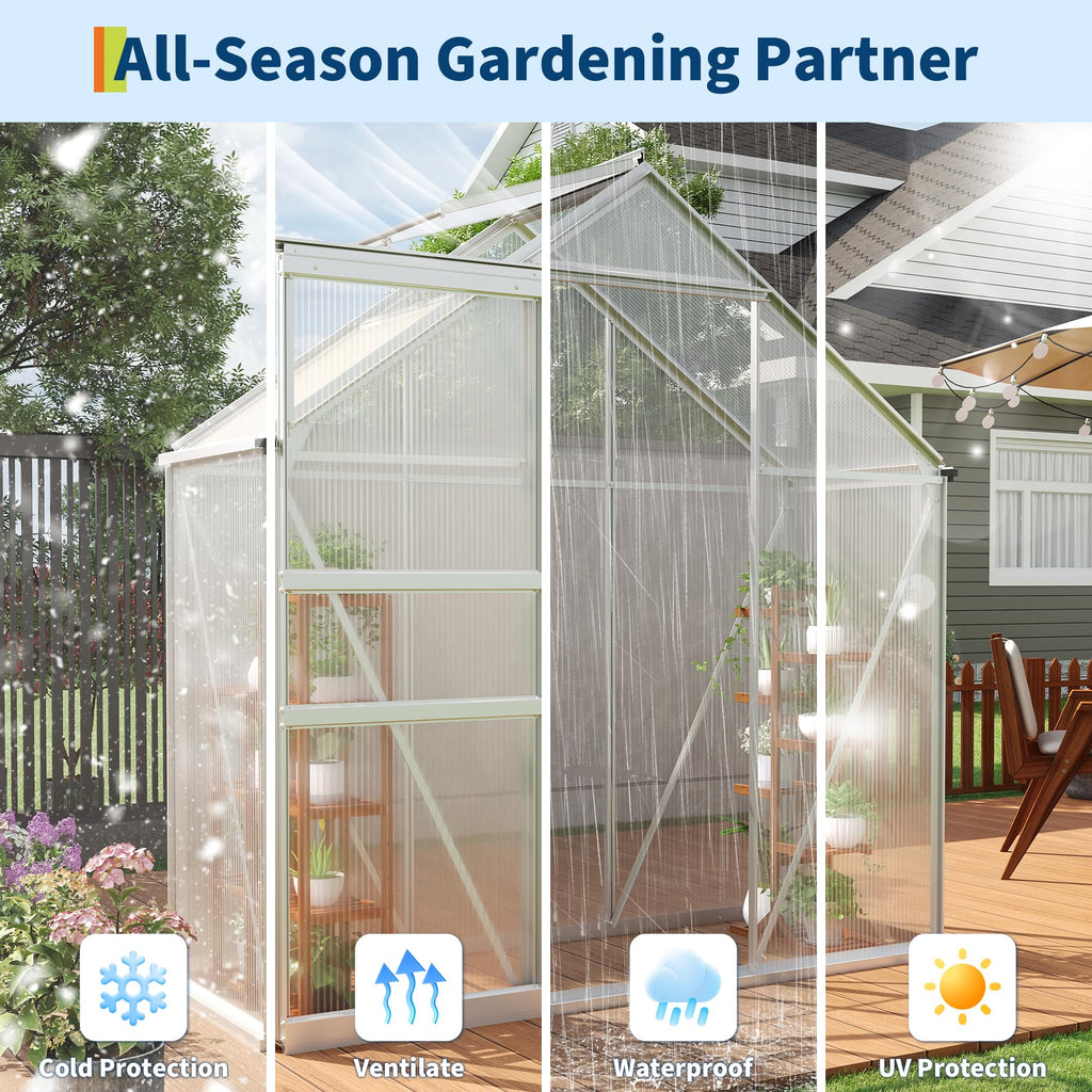 Garvee 6 x 3 FT Walk-In Greenhouse, 4 mm Twin-Wall Polycarbonate Panels, Aluminum Frame, Roof Vent, Sliding Door & Rain Gutters, Silver