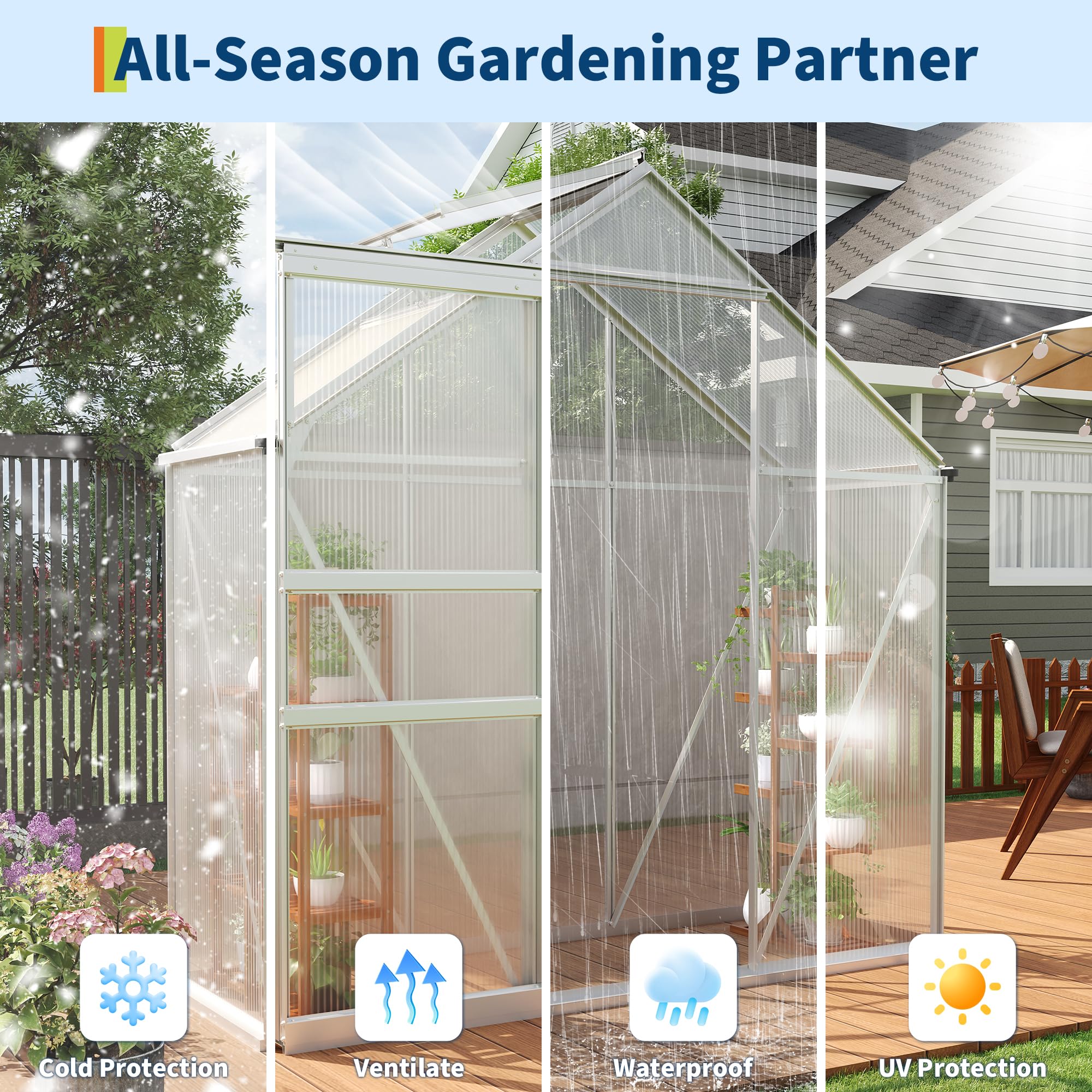 Garvee 6 x 3 FT Walk-In Greenhouse, 4 mm Twin-Wall Polycarbonate Panels, Aluminum Frame, Roof Vent, Sliding Door & Rain Gutters, Silver