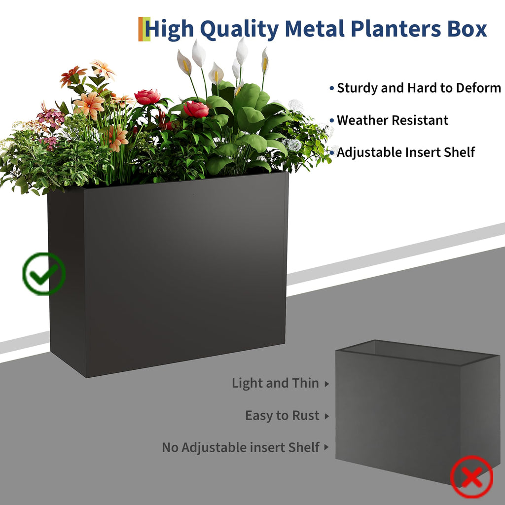 Garvee 30" L × 12" W × 24" H Tall Metal Planter Box, Galvanized Steel Rectangular Flower Planter with Drainage Holes and Removable Shelf for Patio, Porch and Indoor Use, Black