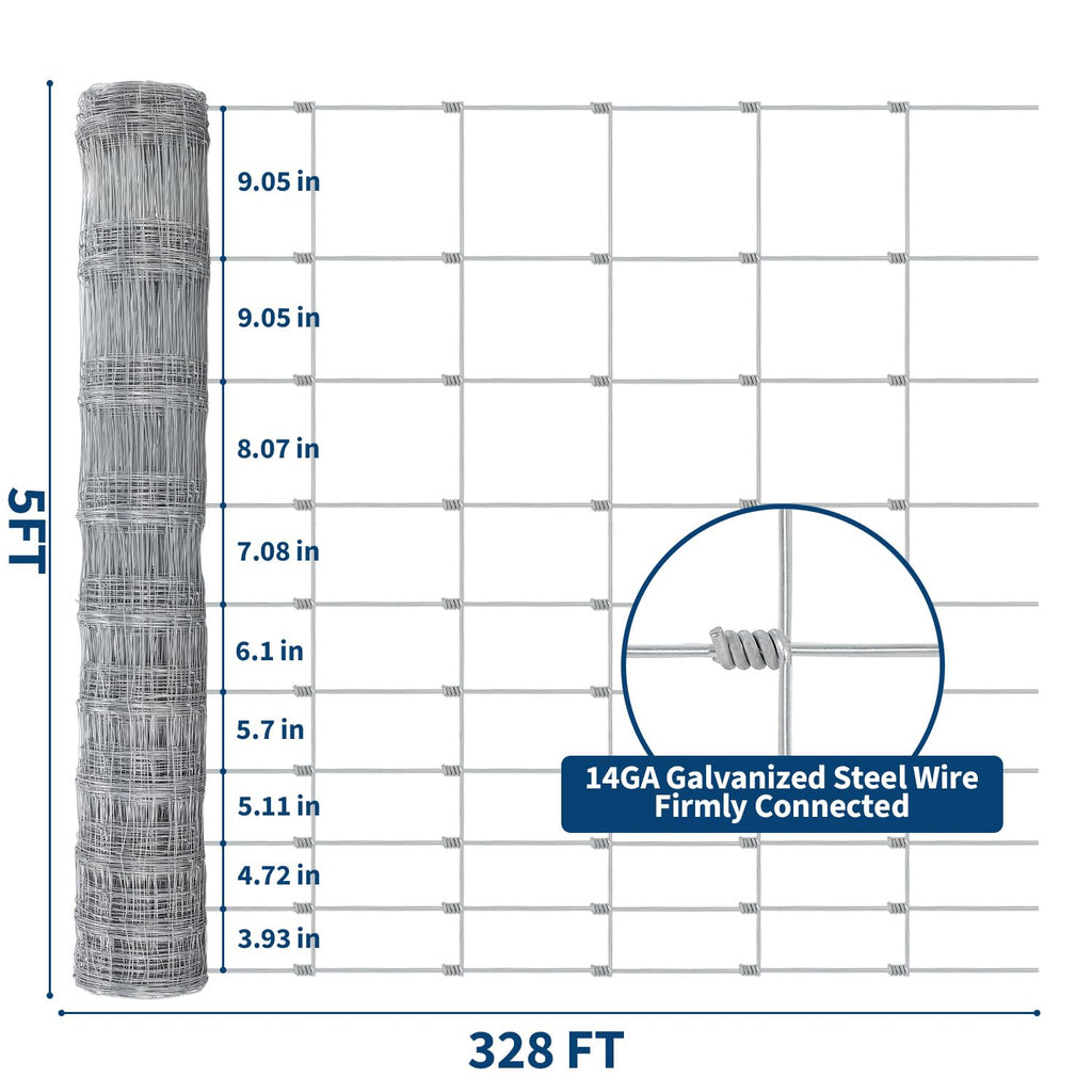 Garvee Farm Fence 5x328 ft, High Strength Galvanized Cattle Fence, Heavy Zinc Coating Wire Fence for Hog, Deer, Goat, Sheep, Weather Resistance, Perfect for Livestock, Animal, Yard, Garden Pr