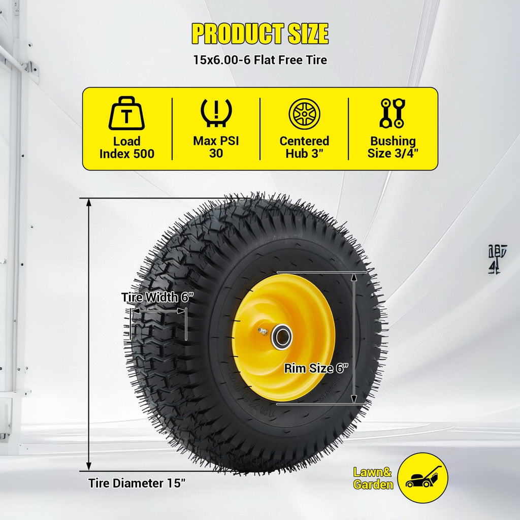 Garvee Flat Free Sturdy Tire & Wheel Set for Golf Cart, Lawn Mower, Garden Tractor – Heavy Duty, 500lbs Load, Global Fit, Puncture Proof, Maintenance-Free – 2 Pack, Yellow Hub | 15×6.00-6