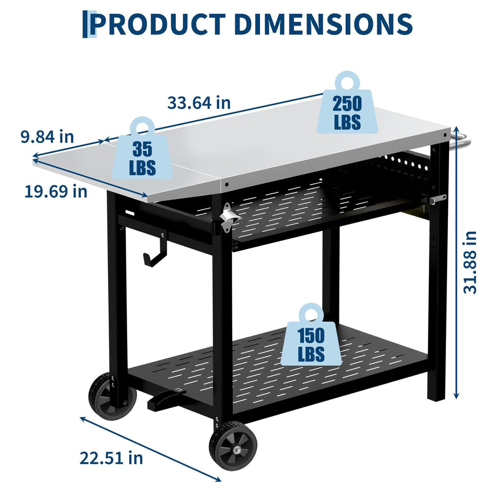 Garvee Stainless Steel Outdoor Picnic Table with 3 Shelves & Pegboard, Adjustable Drawer, Rust-Resistant Steel, Mobile Grill Cart with Wheels & Handles for Garden BBQ