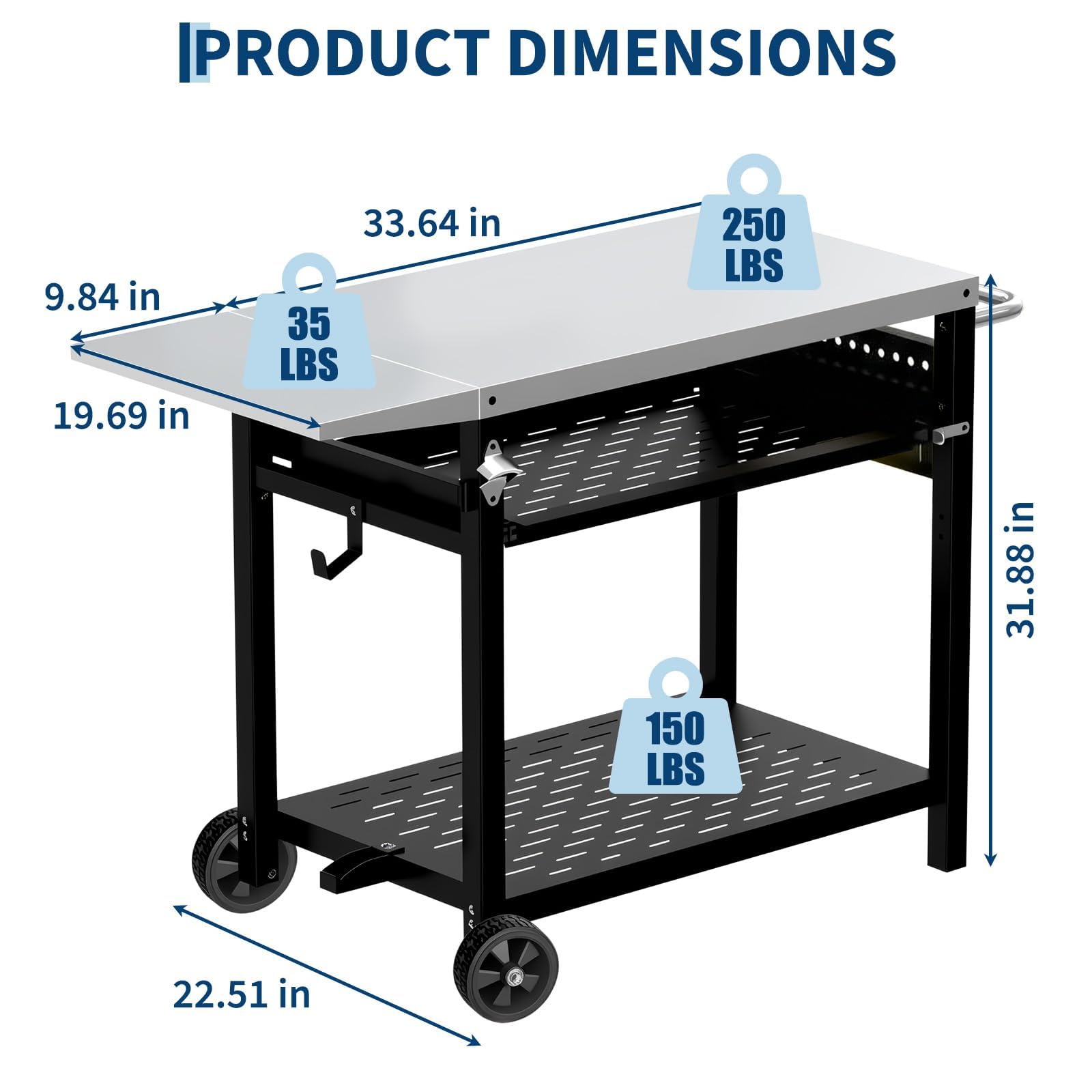 Garvee Stainless Steel Outdoor Picnic Table with 3 Shelves & Pegboard, Adjustable Drawer, Rust-Resistant Steel, Mobile Grill Cart with Wheels & Handles for Garden BBQ