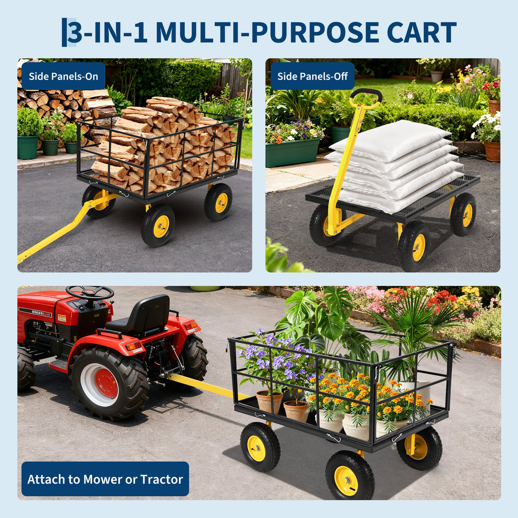 Garvee Heavy Duty 1500 lbs Steel Garden Cart – 3-in-1 Outdoor Utility Wagon with Removable Mesh Sides, 13" All-Terrain Wheels, 180° Rotating Handle – Lawn, Garden, Plant & Tool Transport – 13-inch wheels, yellow rims + black frame + yellow handlebars