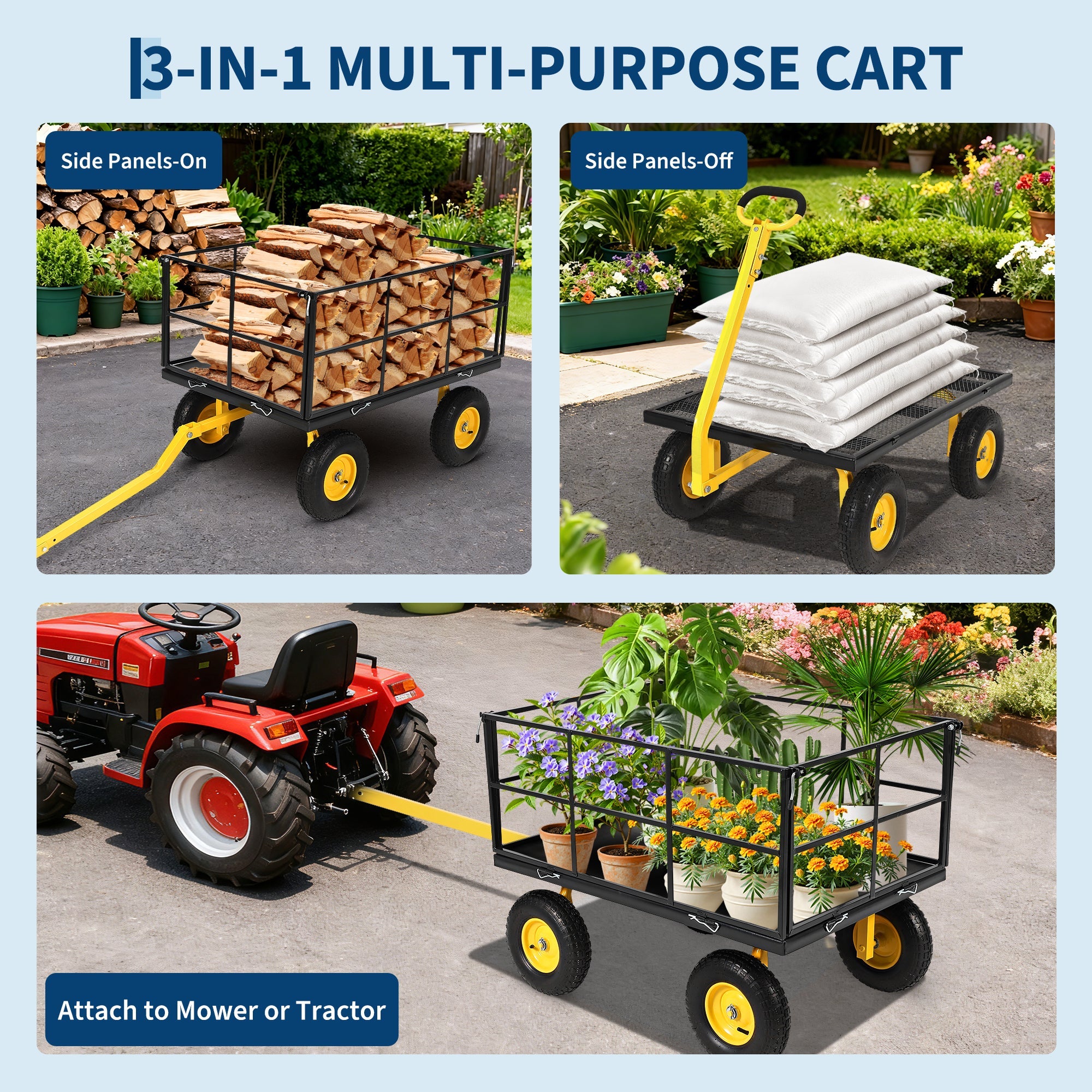 Garvee Heavy Duty 1500 lbs Steel Garden Cart – 3-in-1 Outdoor Utility Wagon with Removable Mesh Sides, 13" All-Terrain Wheels, 180° Rotating Handle – Lawn, Garden, Plant & Tool Transport – 13-inch wheels, yellow rims + black frame + yellow handlebars