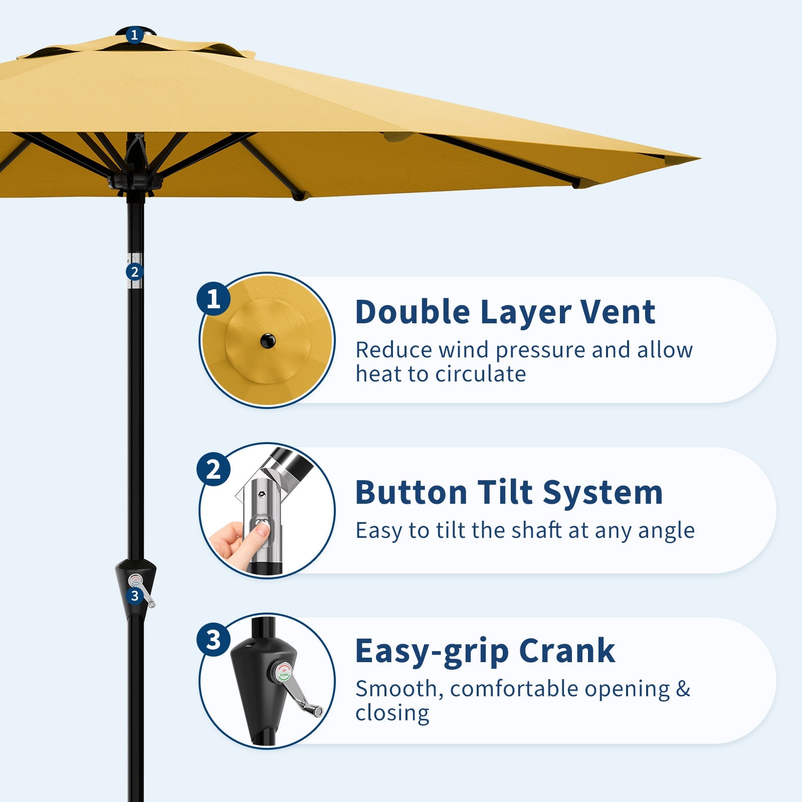 Garvee 9FT Yellow Outdoor Patio Umbrella - Market Table Parasol with Smooth Crank Lift, Push Button Tilt & 8 Sturdy Ribs, UV Protection, Waterproof Sunshade for Pool, Deck, Yard, Garden