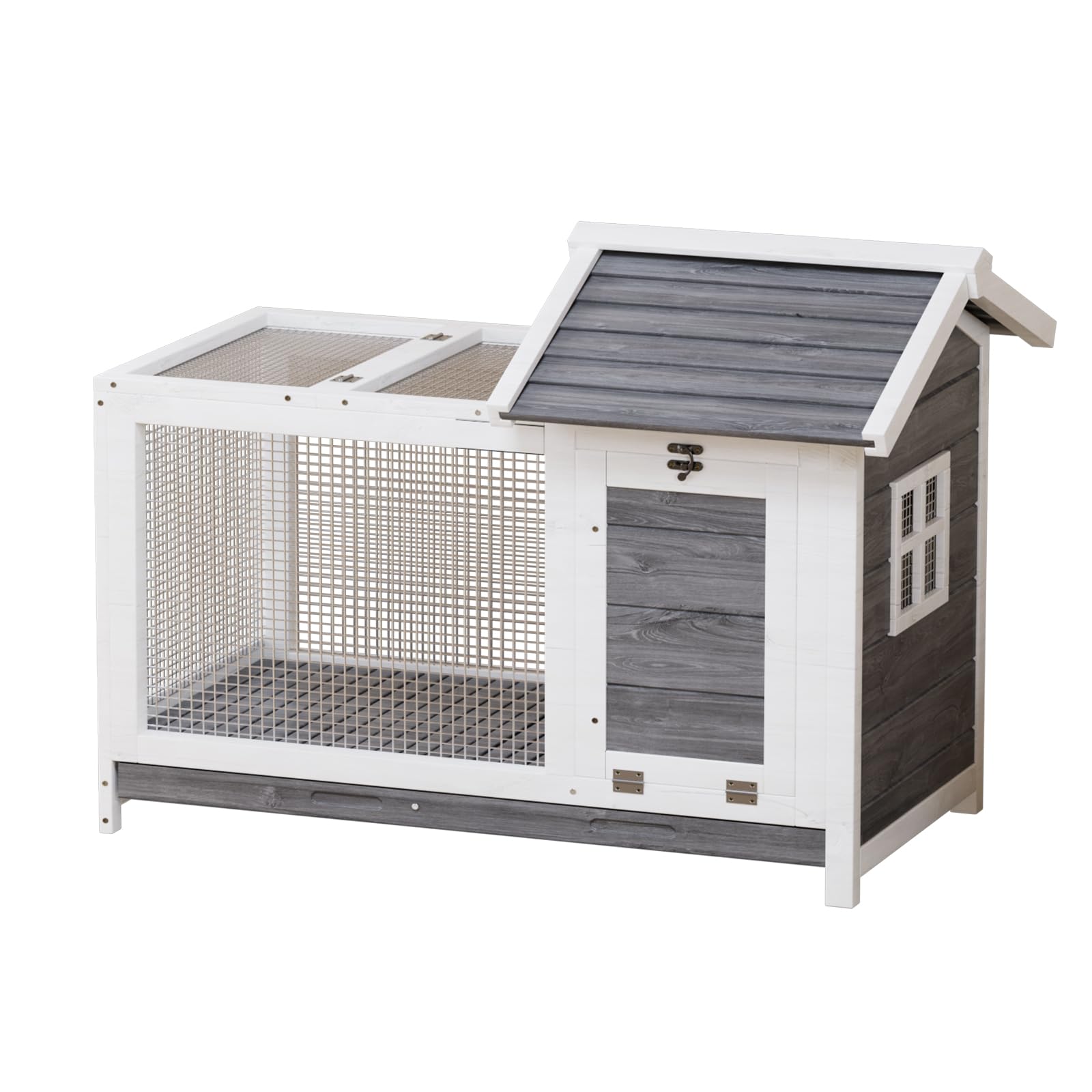 Garvee Large Outdoor Rabbit Hutch, Weatherproof 2-Story Bunny Cage with Removable Wire Netting, Wooden Indoor Outdoor Pet House, Waterproof Roof & Pull-Out Tray, Gray