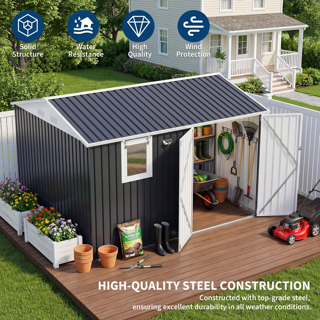 Garvee 10x8FT Black Metal Outdoor Storage Shed with Pushable Window, LED Light & Pegboard, Lockable Double Doors, Sloping Roof, Ventilation, Corrosion-Resistant Steel Garden Tool Shed for Patio, Backyard & Garage