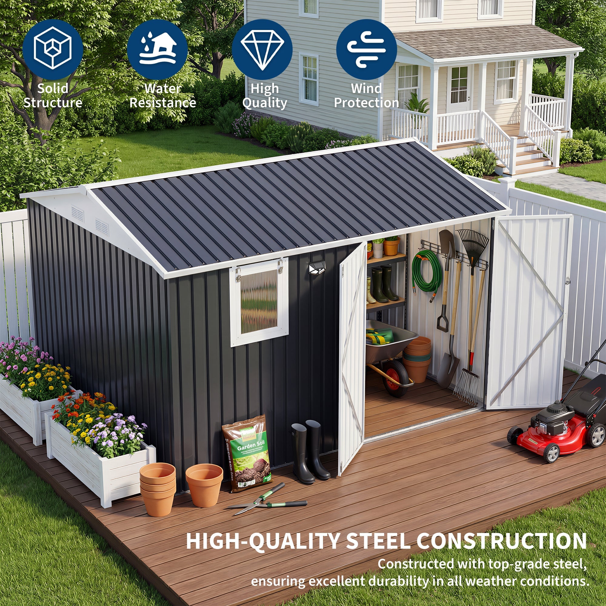 Garvee 10x8FT Black Metal Outdoor Storage Shed with Pushable Window, LED Light & Pegboard, Lockable Double Doors, Sloping Roof, Ventilation, Corrosion-Resistant Steel Garden Tool Shed for Patio, Backyard & Garage
