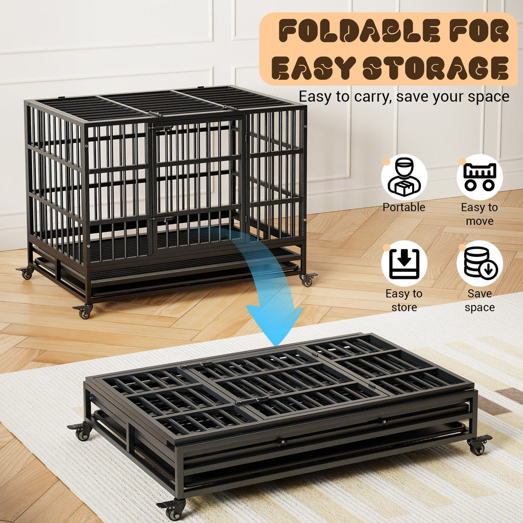 Garvee Heavy Duty Indestructible Dog Crate – Metal Escape-Proof Kennel for Large Dogs, Double Doors, 360° Lockable Wheels, Removable Tray, Easy Assembly – Secure Indoor Pet Cage, Size: 42.5inch