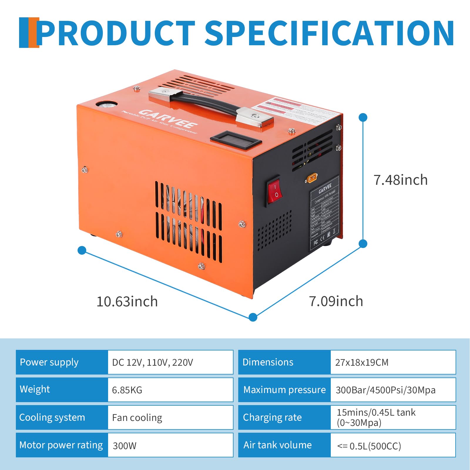 Garvee PCP Air Compressor - 4500PSI/30Mpa, 300W Oil-Free Fast Fill Pump with Built-in Manual Stop, Dual Power (12V DC & 110V/220V AC), Portable Air Pump for Airguns, Air Rifles, Paintball, and HPA Tanks (Compact)