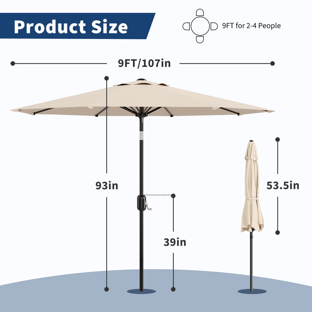 Garvee 9 ft Outdoor Patio Umbrella with 8 Sturdy Ribs, Crank Lift, Push-Button Tilt & UV-Resistant Waterproof Canopy for Pool, Deck, Yard & Garden, Light Beige