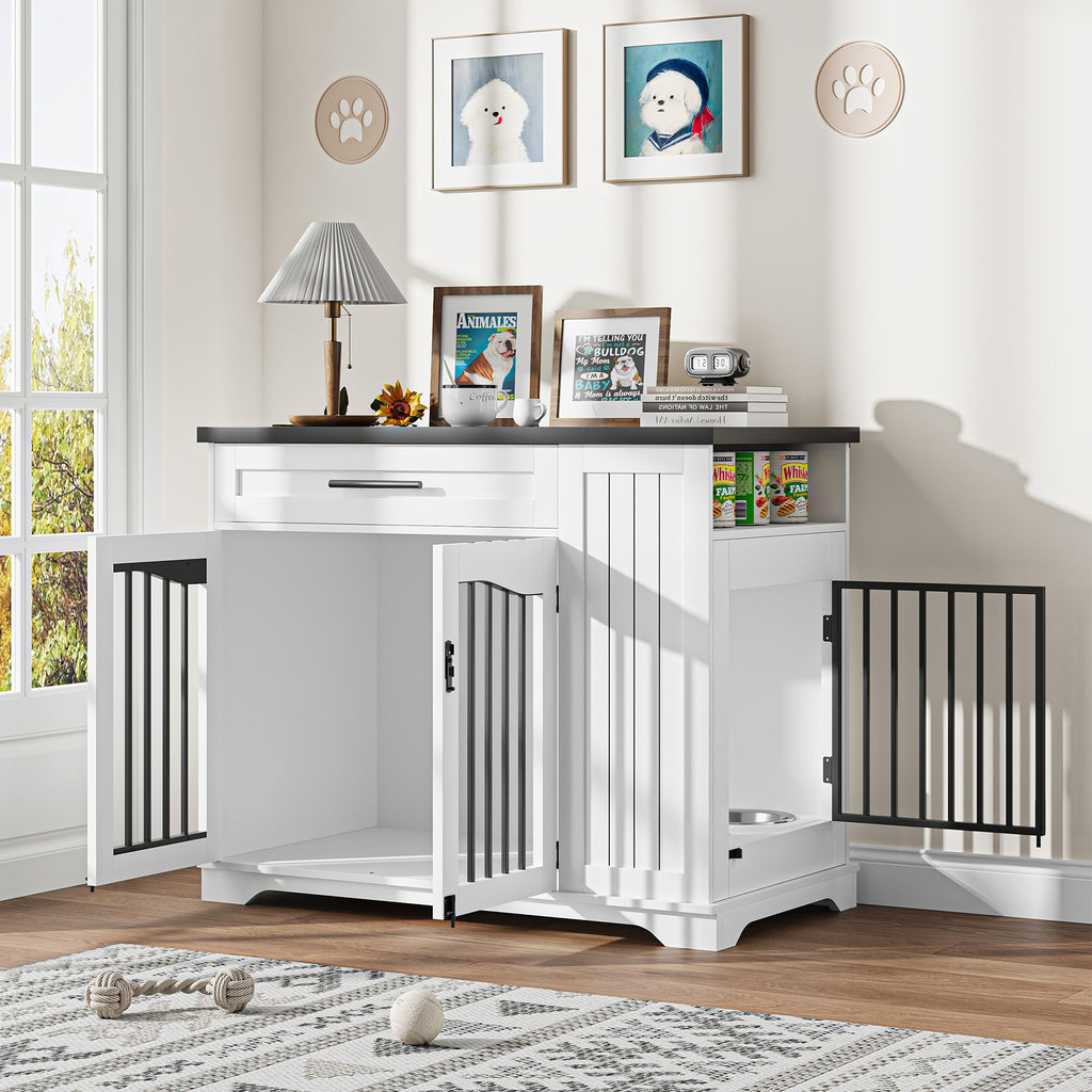 Garvee Wooden Indoor Dog Crate Furniture with Drawer & Lockable Doors, Heavy Duty Indoor Dog Kennel End Table with Feeding Bowls & Storage for Small Medium Large Dogs, White & Walnut