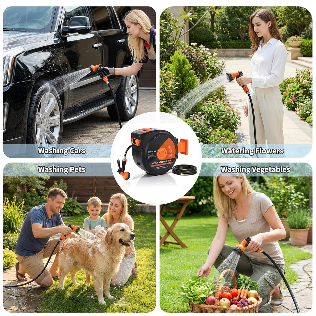 Garvee 1/2" × 65 FT Retractable Garden Hose Reel, Wall-Mounted with 10-Pattern Spray Nozzle, 180° Swivel Bracket, Slow Auto Rewind and Any-Length Lock