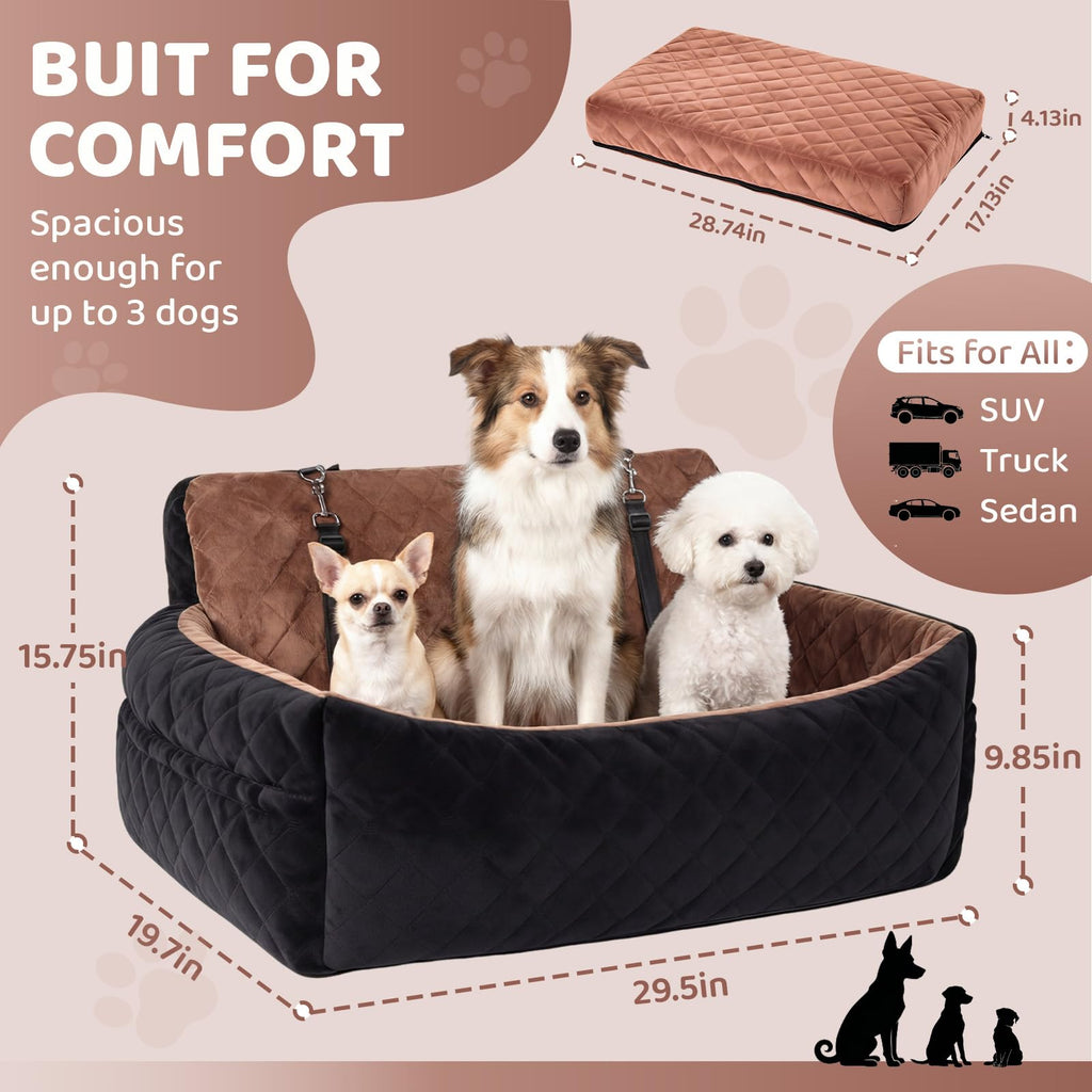 Garvee Dog Car Seat for Small,Medium Large Dog, Double Dogs Car Seat as Traval Bed, Waterproof Thick Cushion, Triple Belts & Harness, Portable Machine Washable Pets Booster Seat w/ Side Pocket, Brown