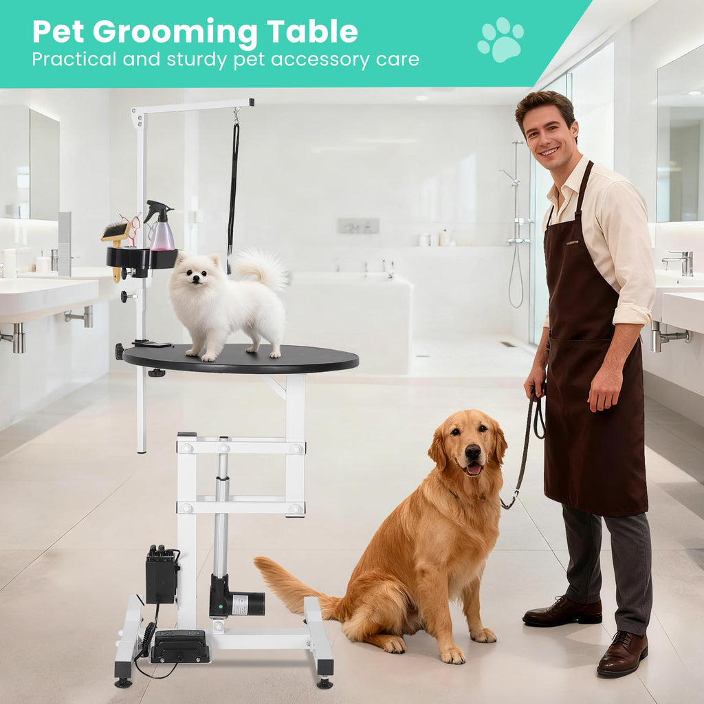 Garvee 24 Inch Electric Lift Dog Grooming Table, Portable Round Professional Pet Grooming Table with Adjustable Overhead Arms and Pedals, for Small and Medium Dogs at Home, Capacity 250 LBS