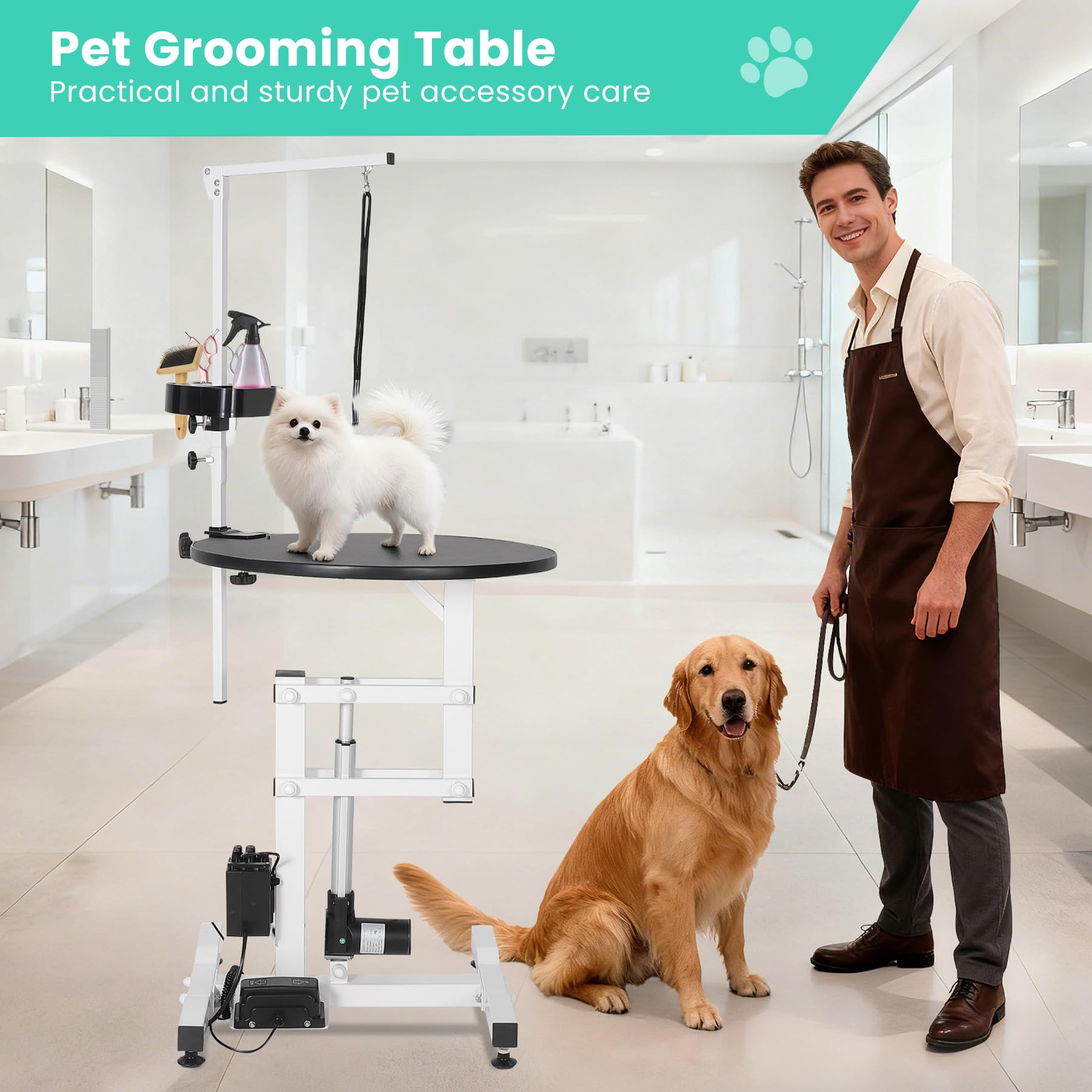 Garvee 24 Inch Electric Lift Dog Grooming Table, Portable Round Professional Pet Grooming Table with Adjustable Overhead Arms and Pedals, for Small and Medium Dogs at Home, Capacity 250 LBS