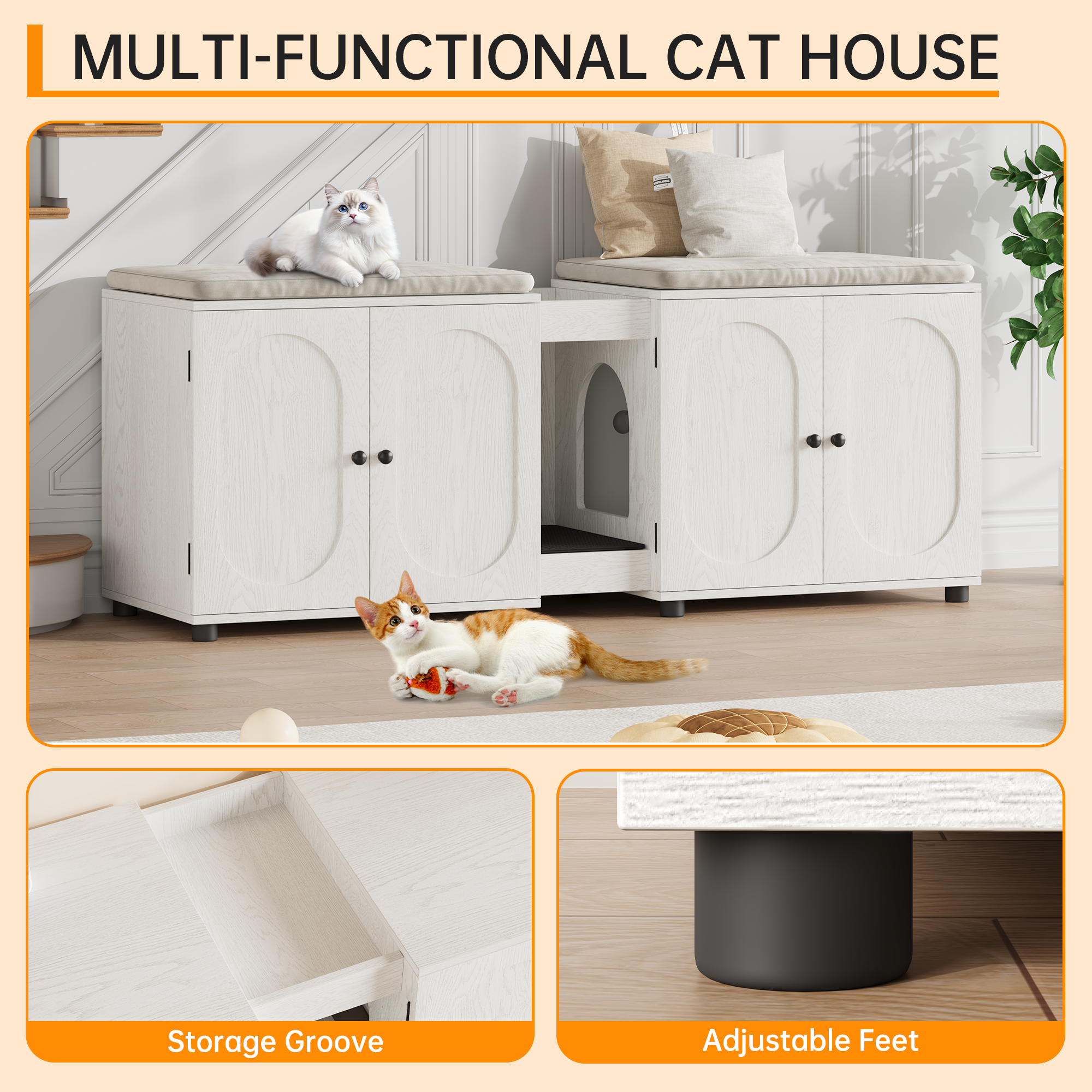 Garvee Cat Litter Box Enclosure, 55.1" Double Litter Box Furniture Large Cat Box Enclosure Kitty Litter Box for 2 Cats Hidden Cat Litter Cabinet Double Cage with Cat Litter Pad, White | Oval