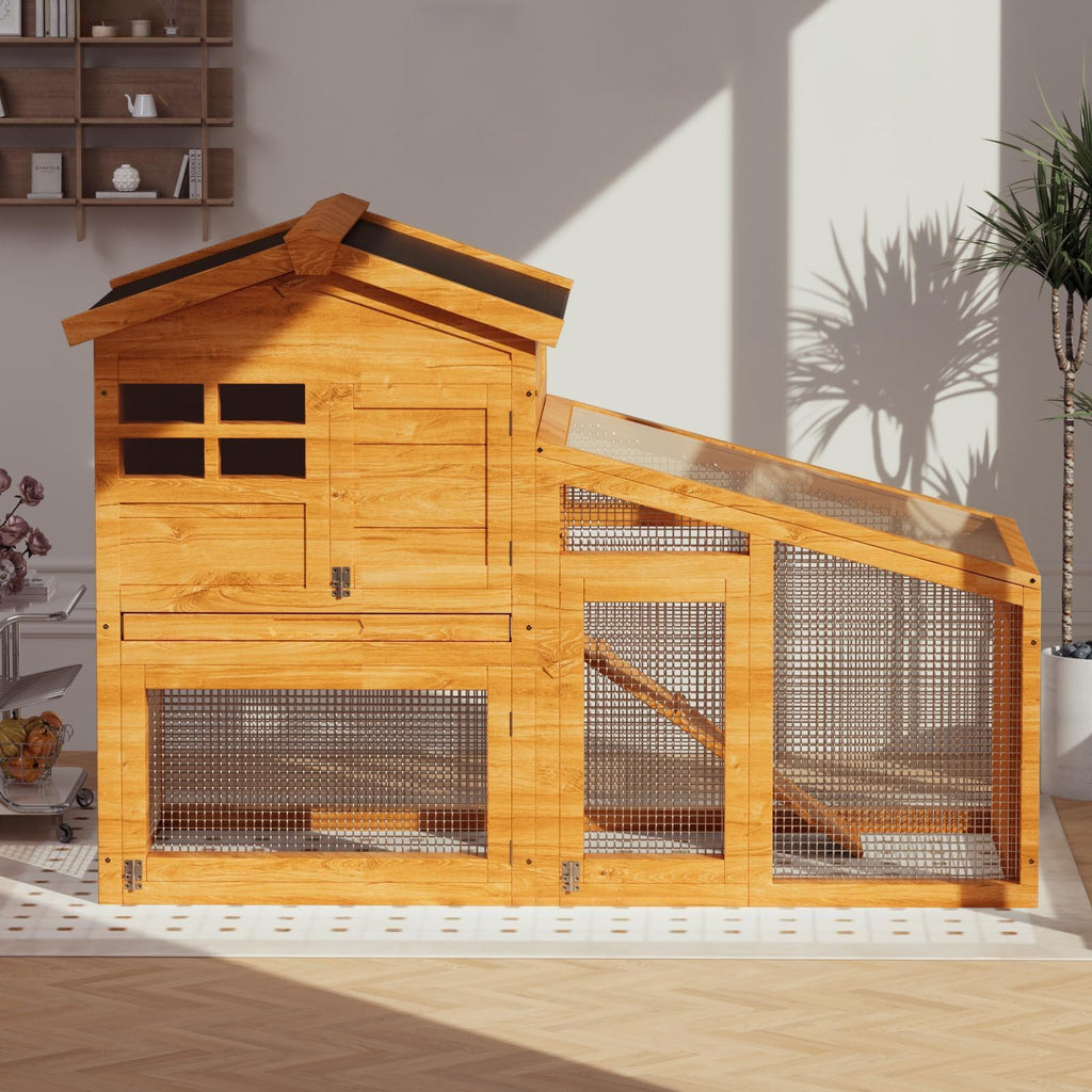 Garvee 2-Tier 53" Wooden Small Animal Cage, Weatherproof Rabbit Hutch with Non-Slip Ramp, Leak-Proof Removable Tray, Anti-Chew Metal Frame, Asphalt Roof, Ideal for Rabbits, Guinea Pigs, Rufous White