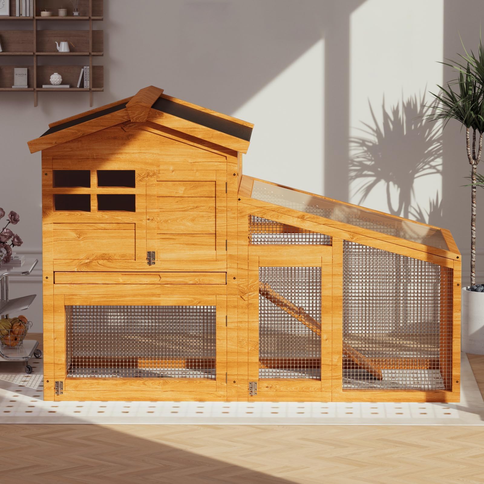 Garvee 2-Tier 53" Wooden Small Animal Cage, Weatherproof Rabbit Hutch with Non-Slip Ramp, Leak-Proof Removable Tray, Anti-Chew Metal Frame, Asphalt Roof, Ideal for Rabbits, Guinea Pigs, Rufous White
