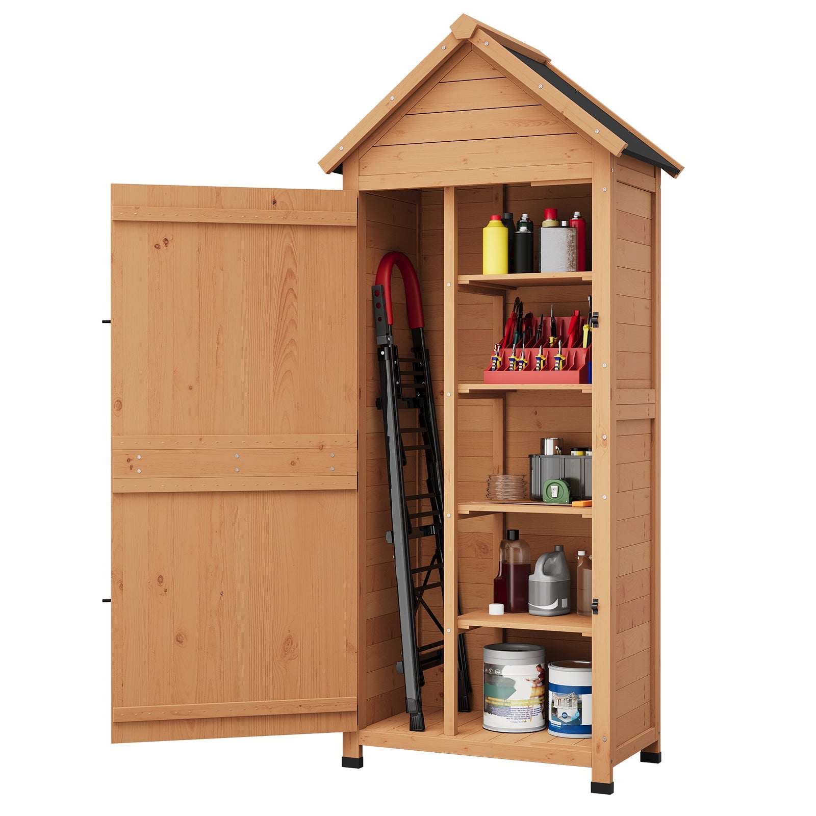 Garvee 63'' Wood Shed Waterproof, Tall Vertical Outdoor Storage Cabinet with 4 Shelves & Lockable Door, Space-Saving Garden Tool Shed for Patio, Yard, Lawn, Garden