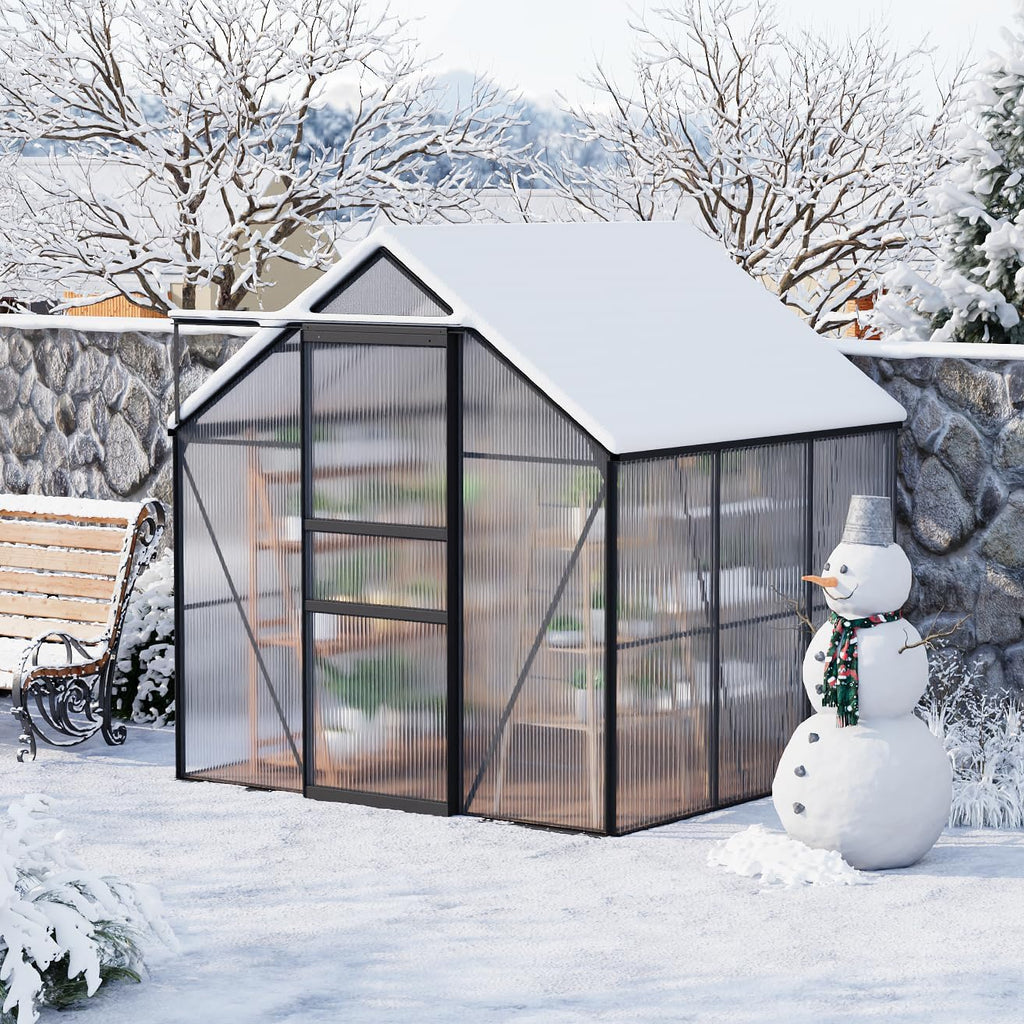 Garvee 6x6 FT Black Polycarbonate Greenhouse Kit – Walk-In Aluminum Frame, Lockable Door, Adjustable Roof Vent, Weather-Resistant, Easy Assembly, Gutter System for Outdoor Garden, Patio, Backyard