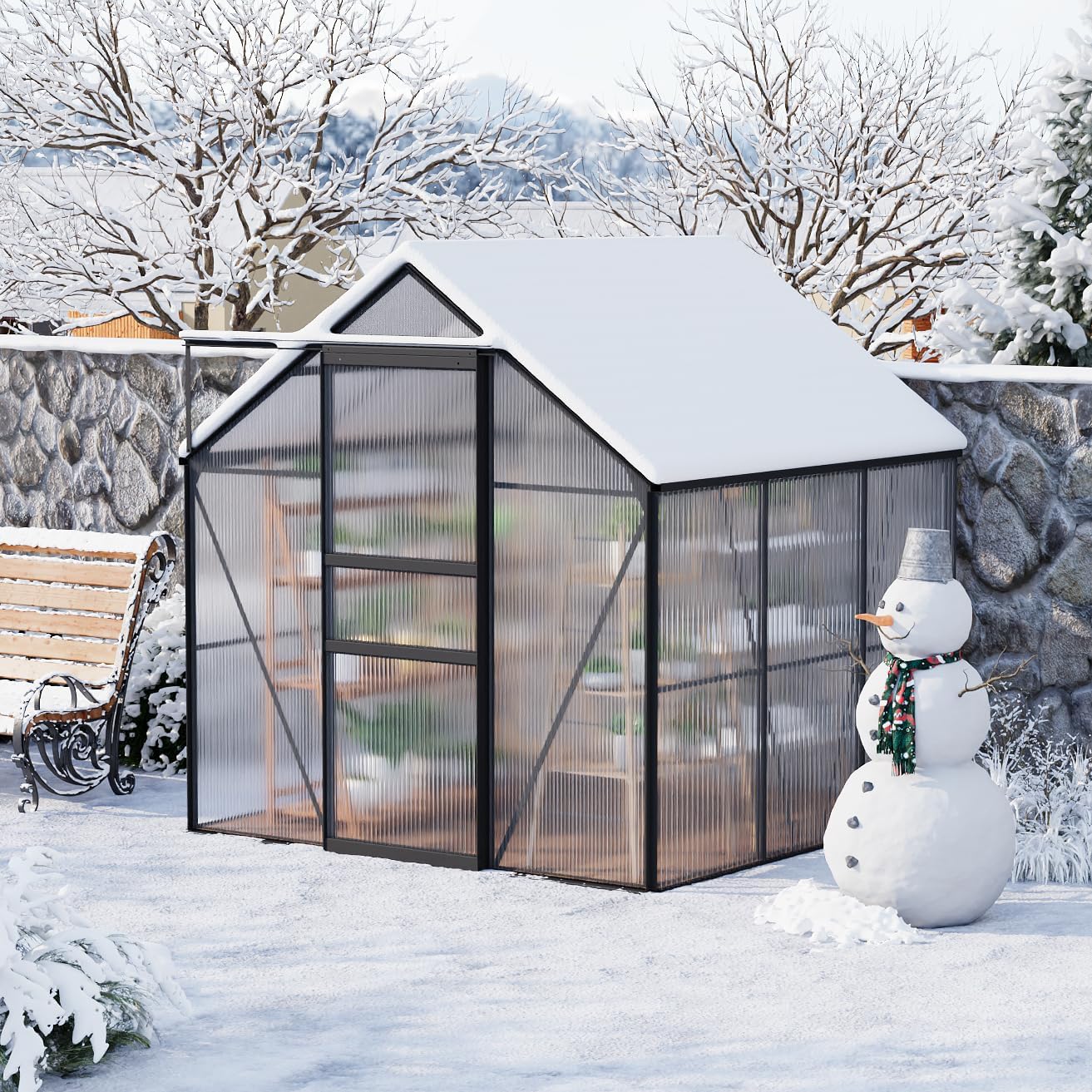 Garvee 6x6 FT Polycarbonate Outdoor Greenhouse – All-Weather Aluminum Frame Kit, Lockable Sliding Door, Adjustable Roof Vent, Rain Gutter, Detachable Three-Bay Structure, Easy Setup for Patio, Backyard