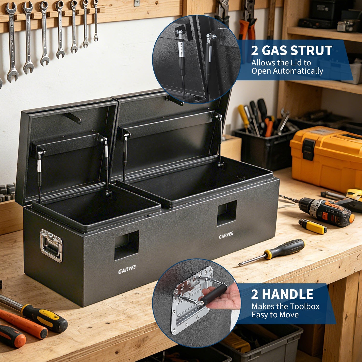 Garvee 48"X16"X14" Heavy Duty Steel Truck Bed Tool Box – Double Lid, Grooved Weatherproof Metal Chest with T-Handle & Side Handle, Durable Organizer for Pickup Truck, RV, Trailer, Front Double, Grey