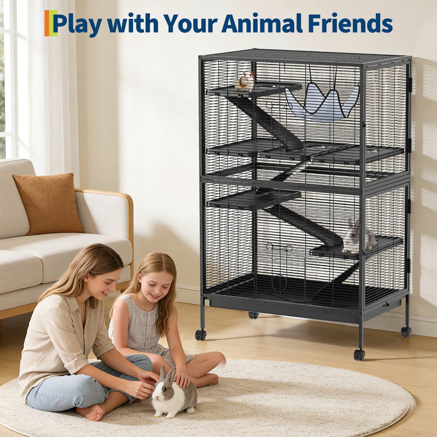 Garvee 50"H Ferret Cage, Multi-Level Small Animal Cage on Wheels, 6 Removable Platforms & Hammock, 5 Ramps & Hammock, Ideal for Guinea Pigs, Rabbit, Sugar Glider & Small Animals
