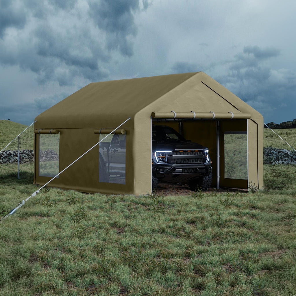 Garvee 12' × 20' Portable Garage, 200 GSM PE Carport Canopy with Reinforced Steel Frame, 2 Roll-Up Doors, 4 Mesh Windows, Khaki