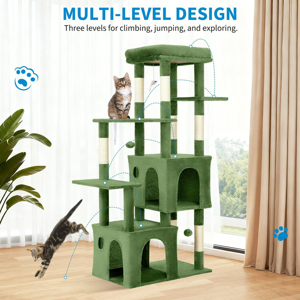 Garvee 61" Multi-Level Cat Tree for Indoor Cats, Heavy-Duty Tower for Large Adult & Maine Coon Cats with Oversized Perch, Dual Condos, Natural Sisal Scratching Posts & Play Toys – Green
