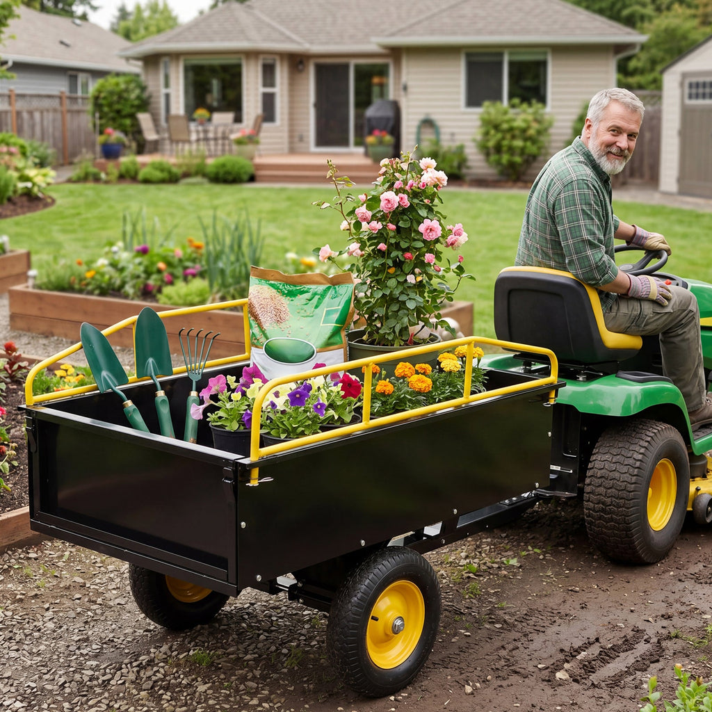 Garvee Yellow Garden Dump Cart, 750 lbs Capacity 15 Cu Ft Heavy Duty Steel Utility Trailer with Removable Sides for ATV, UTV, Lawn Mower & Tractor