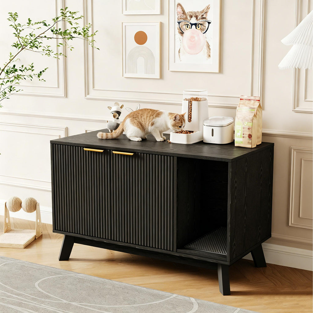Garvee Cat Litter Box Enclosure Hidden Litter Box Furniture with Scratch Pad Cat House Wooden Cat Washroom Cabinet 2-in-1 for Living Room, Hallway, Black