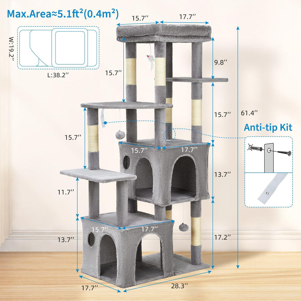 Garvee 61" Multi-Level Cat Tree for Indoor Cats, Heavy-Duty Tower for Large Adult & Maine Coon Cats with Oversized Perch, Dual Condos, Natural Sisal Scratching Posts & Play Toys – Light Gray