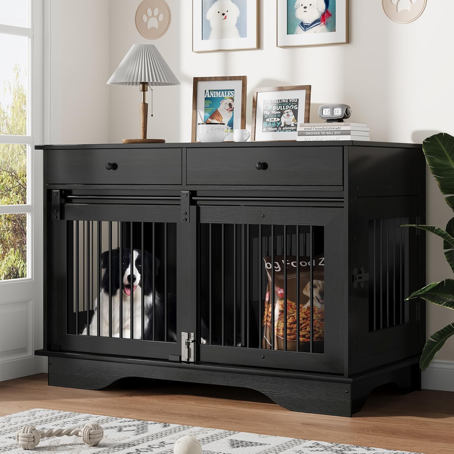 Garvee Dog Crate Furniture for 2 Dogs, 47" Double Dog Kennel with Removable Divider and 2 Drawers, Triple Doors, Decorative TV Stand Side Table, Indoor Pet Cage for Large/Medium/Small Dogs, Black