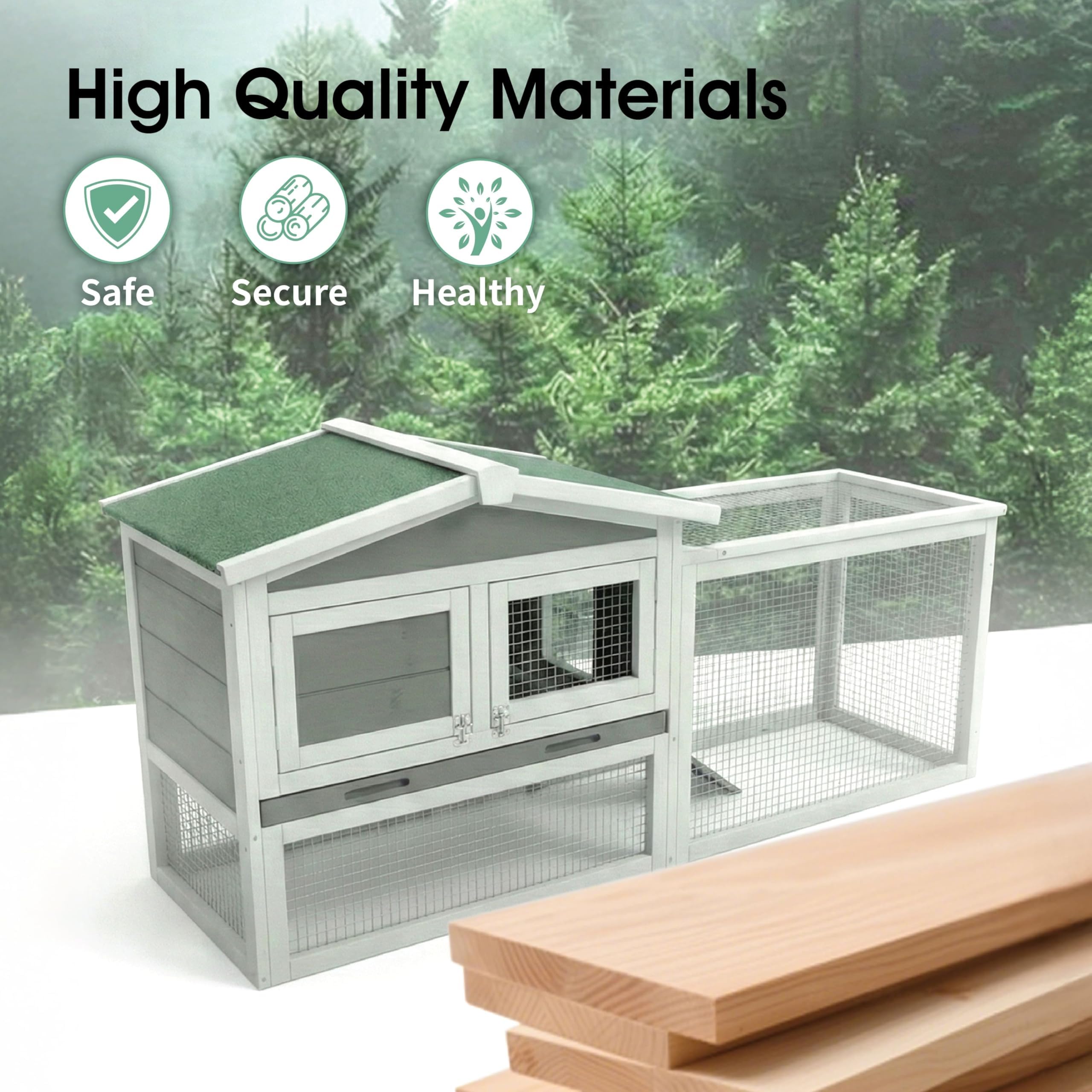 Garvee Large 2-Story Wooden Small Animal Cage for Rabbits, Guinea Pigs & Chickens - Weatherproof Indoor Outdoor Hutch with Anti-Chew Metal Frame, Removable Wire Netting, Leak-Proof Pull-Out Tray, Gray
