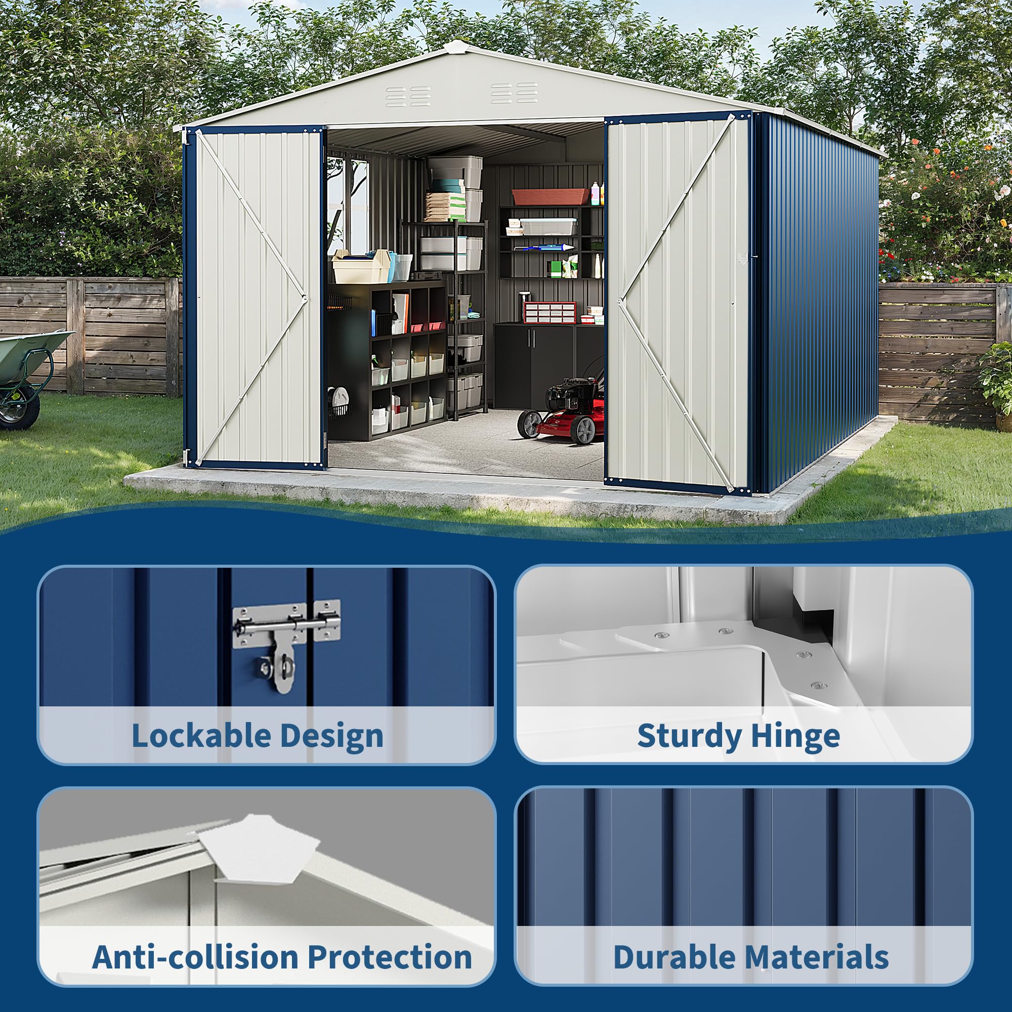 Garvee 10 x 12 FT Metal Outdoor Storage Shed, Weather-Resistant Galvanized Steel Tool House with Lockable Double Doors, Grid Window, Vents & Gable Roof, Navy Blue