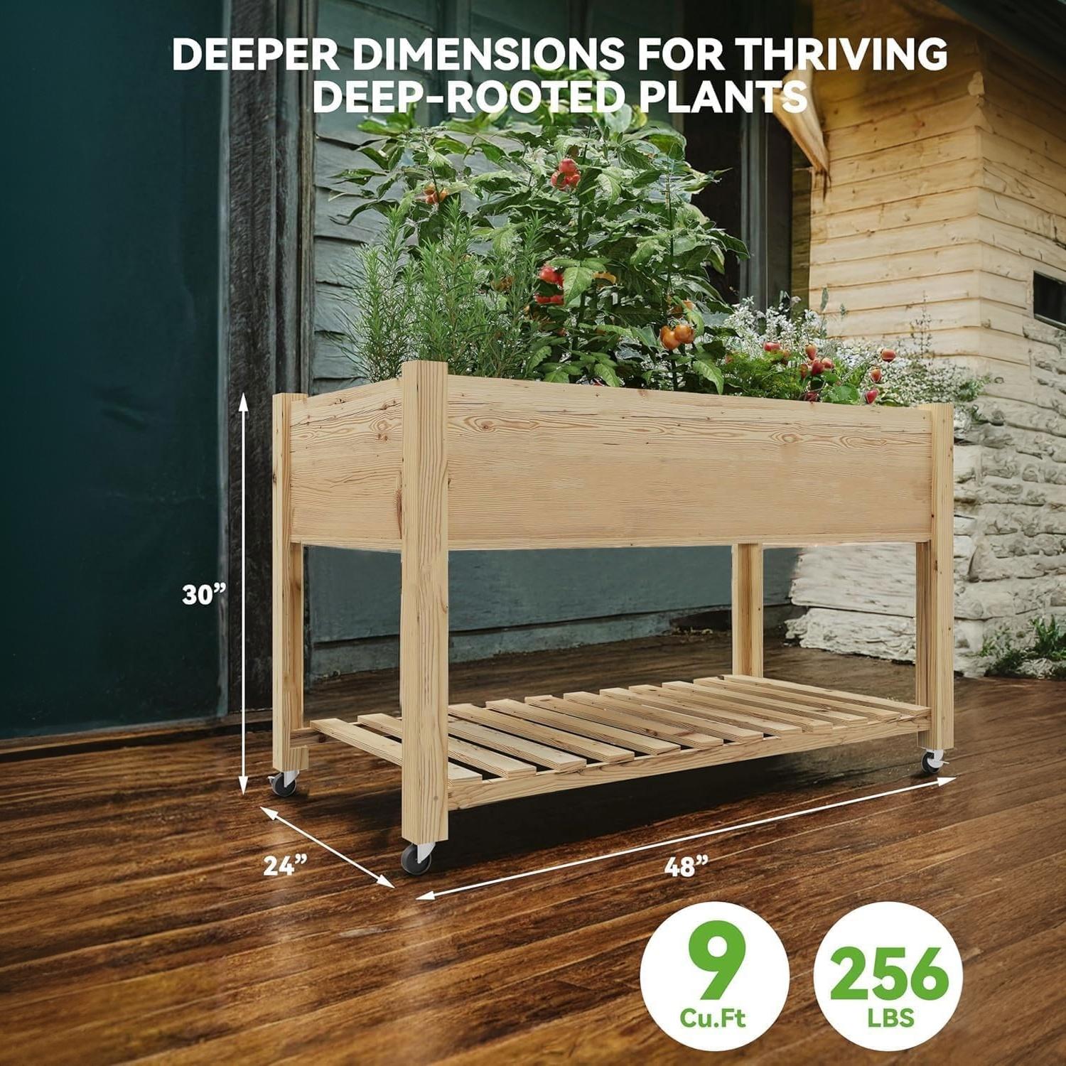 Garvee Mobile Raised Garden Bed, 48 x 24 x 32 in Cedar Elevated Planter Box with 220 lbs Capacity, Lockable Wheels, Storage Shelf & Protective Liner for Patio, Balcony & Herbs