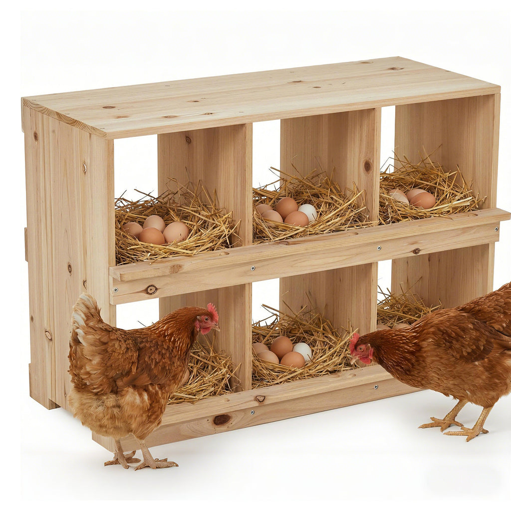 Garvee Double-Tier Wooden Chicken Nesting Box – Wall-Mounted or Floor-Standing, Six Compartments, Roll-Away Egg Collection, Perch, Sun-Resistant for Backyard Poultry Coops and Farms, 6-Compartment Double Layer