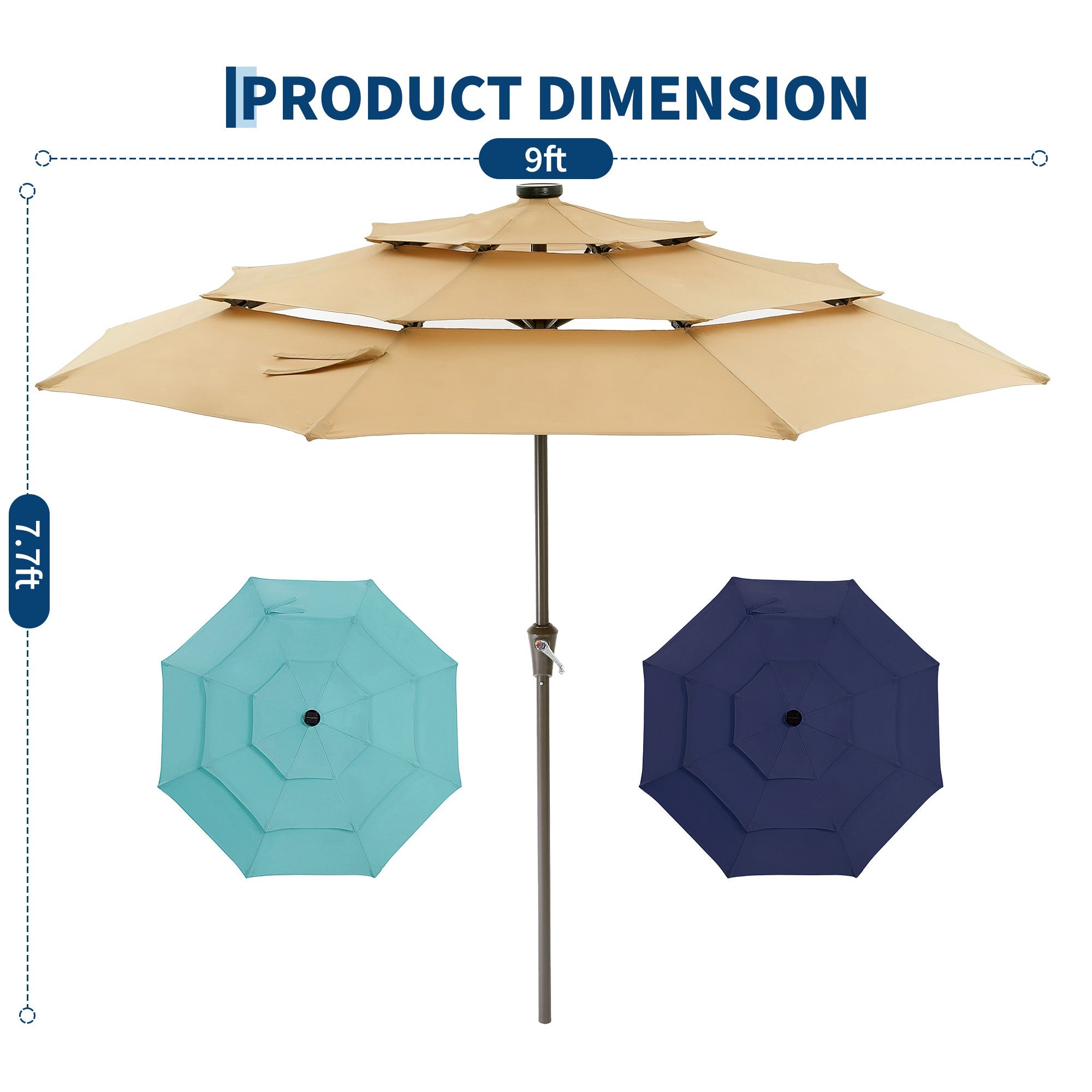 Garvee 9FT 3-Tier Solar LED Patio Umbrella, UV-Resistant Outdoor Market Umbrella with Crank & Tilt, 24 LED Lights & 8 Ribs, Khaki