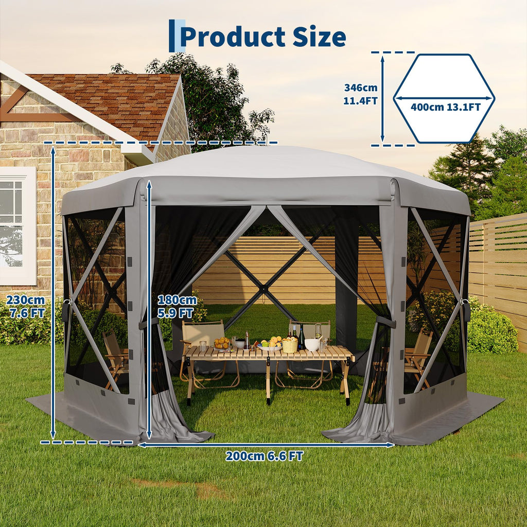 Garvee 13 × 13 ft Screen Tent, Instant Pop-Up Outdoor Canopy with 6 Removable Wind Panels, Mesh Walls & Carry Bag for Camping, Backyard and Patio, Grey