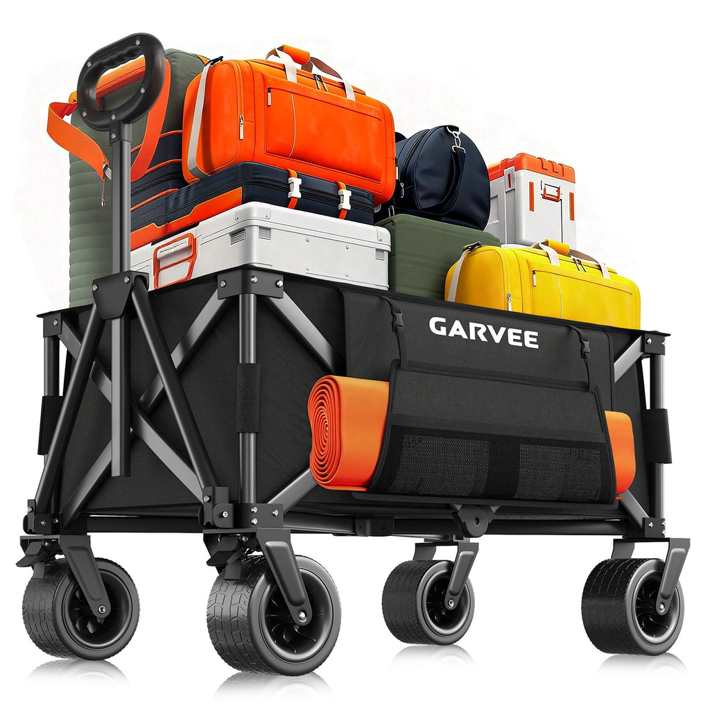 Garvee Heavy Duty Collapsible Garden Wagon Cart, 280L Large Folding Utility Wagon with 460 lb Capacity, All-Terrain Wheels, Side Pockets, Cup Holders & Storage Cover, Black