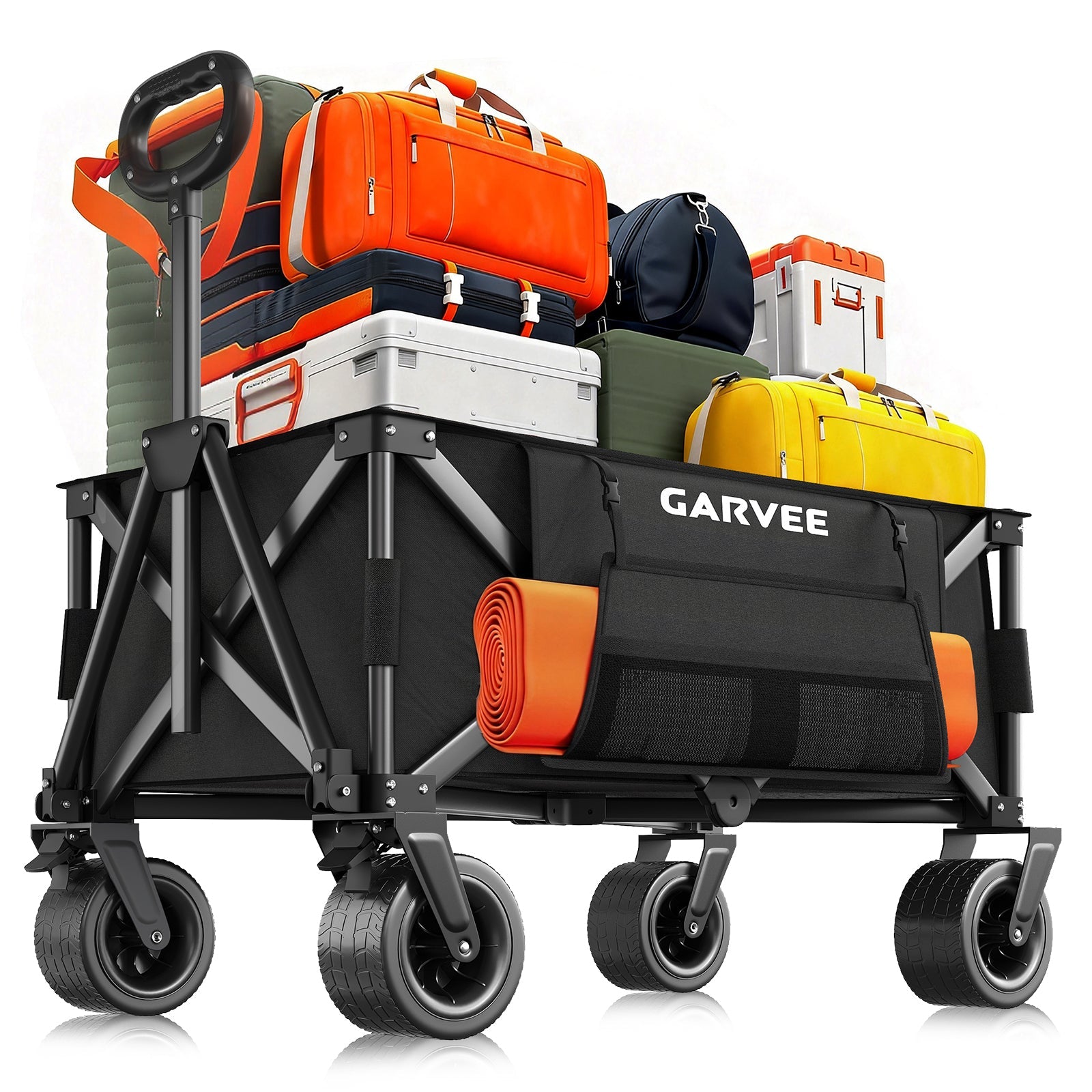 Garvee Heavy Duty Collapsible Garden Wagon Cart, 280L Large Folding Utility Wagon with 460 lb Capacity, All-Terrain Wheels, Side Pockets, Cup Holders & Storage Cover, Black