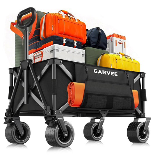 Garvee Heavy Duty Collapsible Garden Wagon Cart, 280L Large Folding Utility Wagon with 460 lb Capacity, All-Terrain Wheels, Side Pockets, Cup Holders & Storage Cover, Black