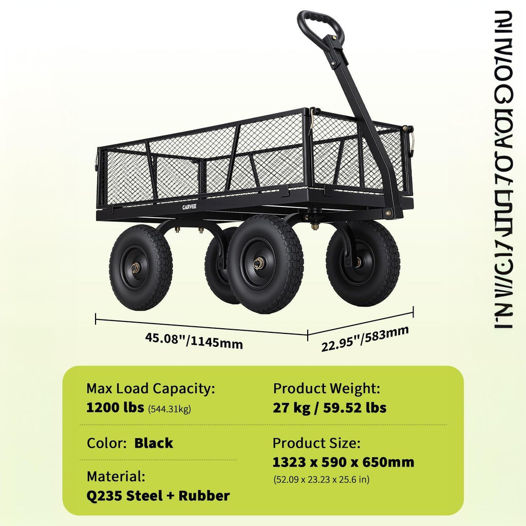 Garvee 1200 lb Heavy-Duty Steel Garden Cart, All-Terrain Utility Wagon with 13" Pneumatic Tires, Removable Mesh Sides, 180° Rotating Handle & Flatbed Design for Lawn, Yard, Farm, Landscaping, Black