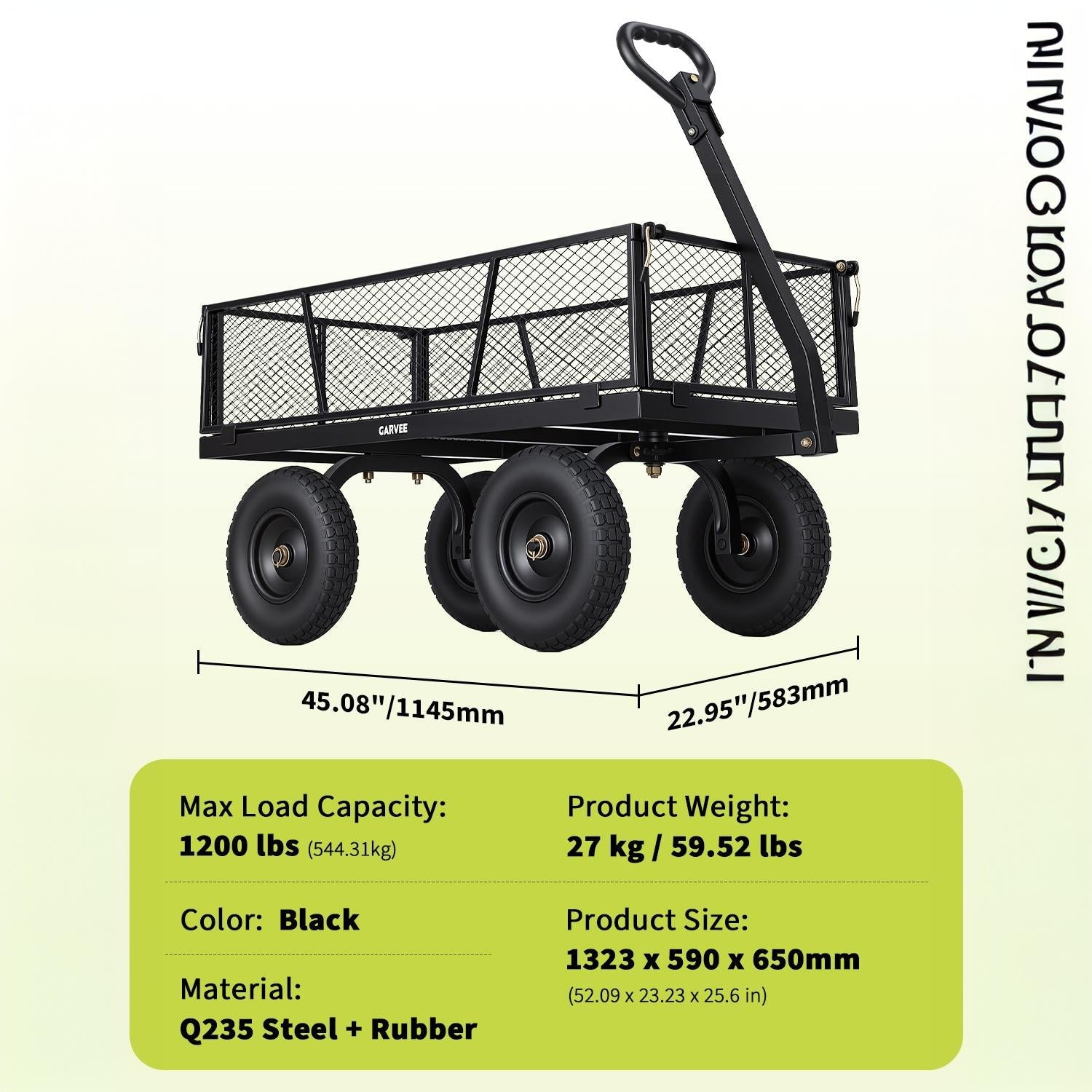 Garvee 1200 lb Heavy-Duty Steel Garden Cart, All-Terrain Utility Wagon with 13" Pneumatic Tires, Removable Mesh Sides, 180° Rotating Handle & Flatbed Design for Lawn, Yard, Farm, Landscaping, Black