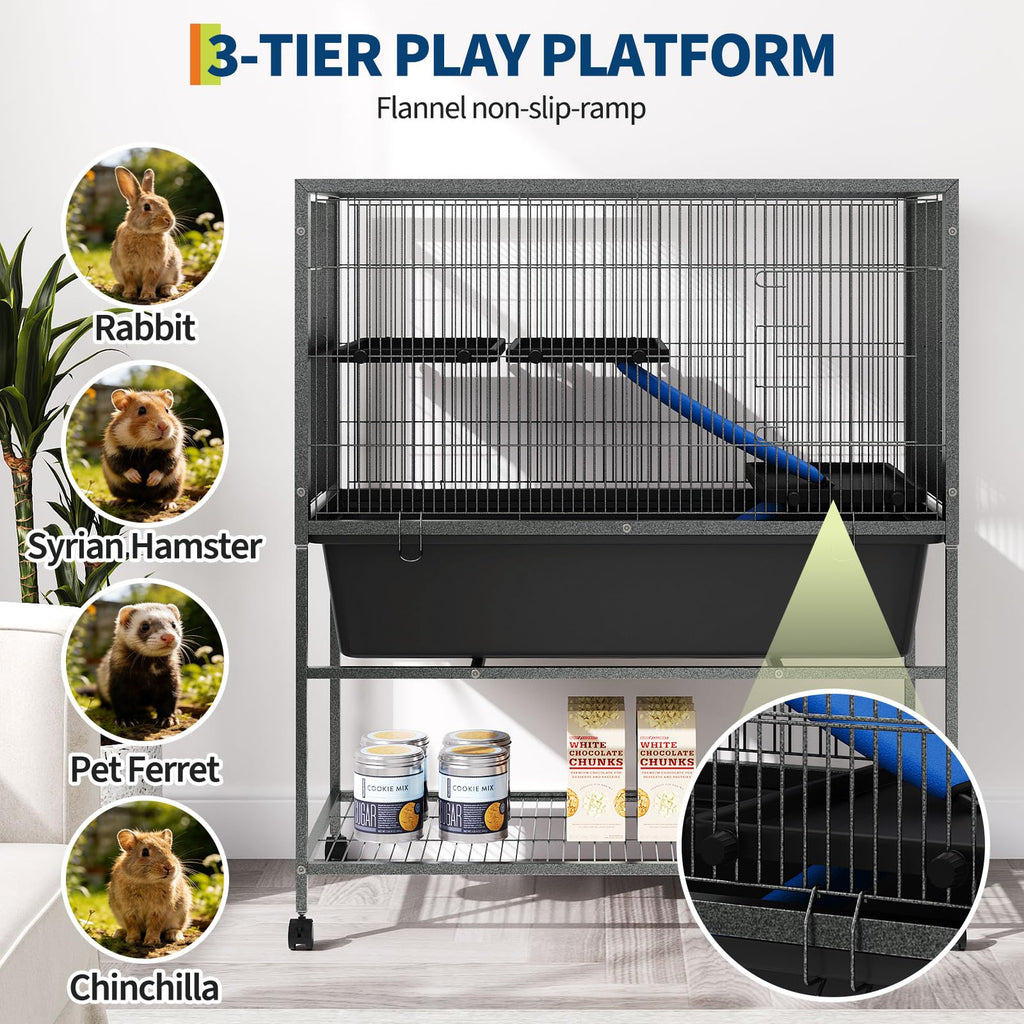 Garvee Ferret Cage, 40.4" h Large Ferret Nation Cage with 3 Removable Platforms, Deep Tray, Storage Shelf, Metal Small Animal Cages on Wheels for Sugar Glider, Guinea Pigs, Chinchillas, Rabbit