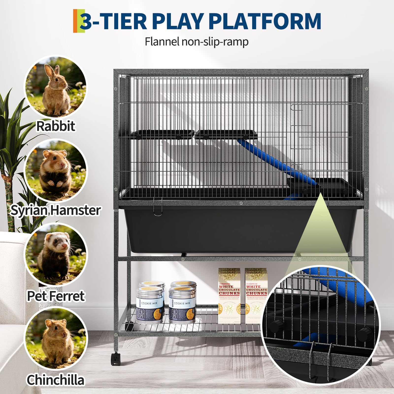 Garvee Ferret Cage, 40.4" h Large Ferret Nation Cage with 3 Removable Platforms, Deep Tray, Storage Shelf, Metal Small Animal Cages on Wheels for Sugar Glider, Guinea Pigs, Chinchillas, Rabbit